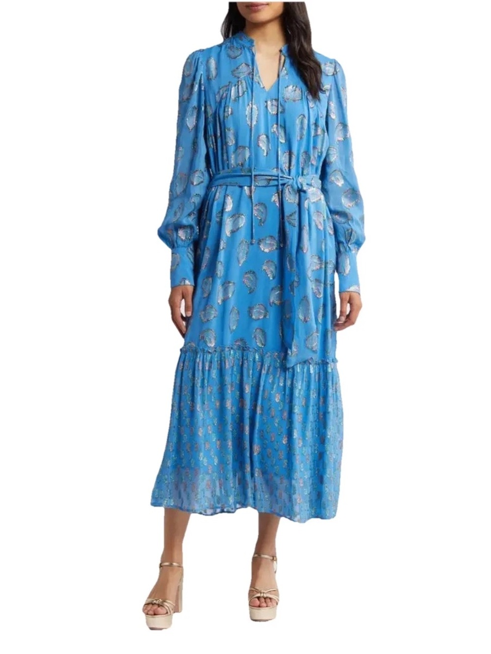NWT CIEBON Eriana Metallic Long Sleeve Belted Maxi Dress - Blue